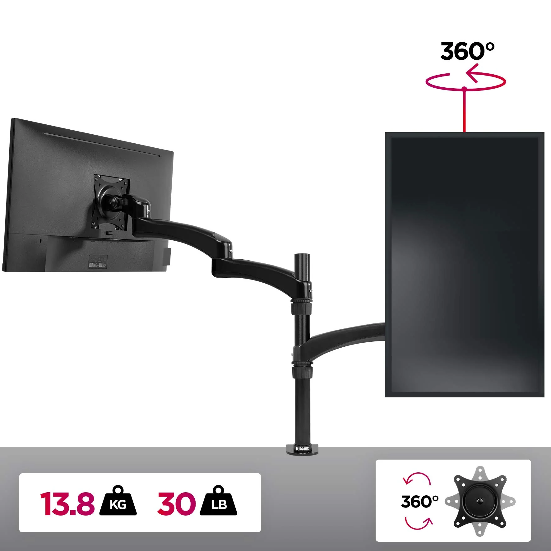 Duronic DM451X3 Support d'écran PC à Pince pour Bureau | Passe câble Inclus | Hauteur Ajustable | Rotatif/Inclinable/Pivotable | Compatibilité avec Moniteur VESA 75/100 | Aluminium | 2 Extensions – Image 4