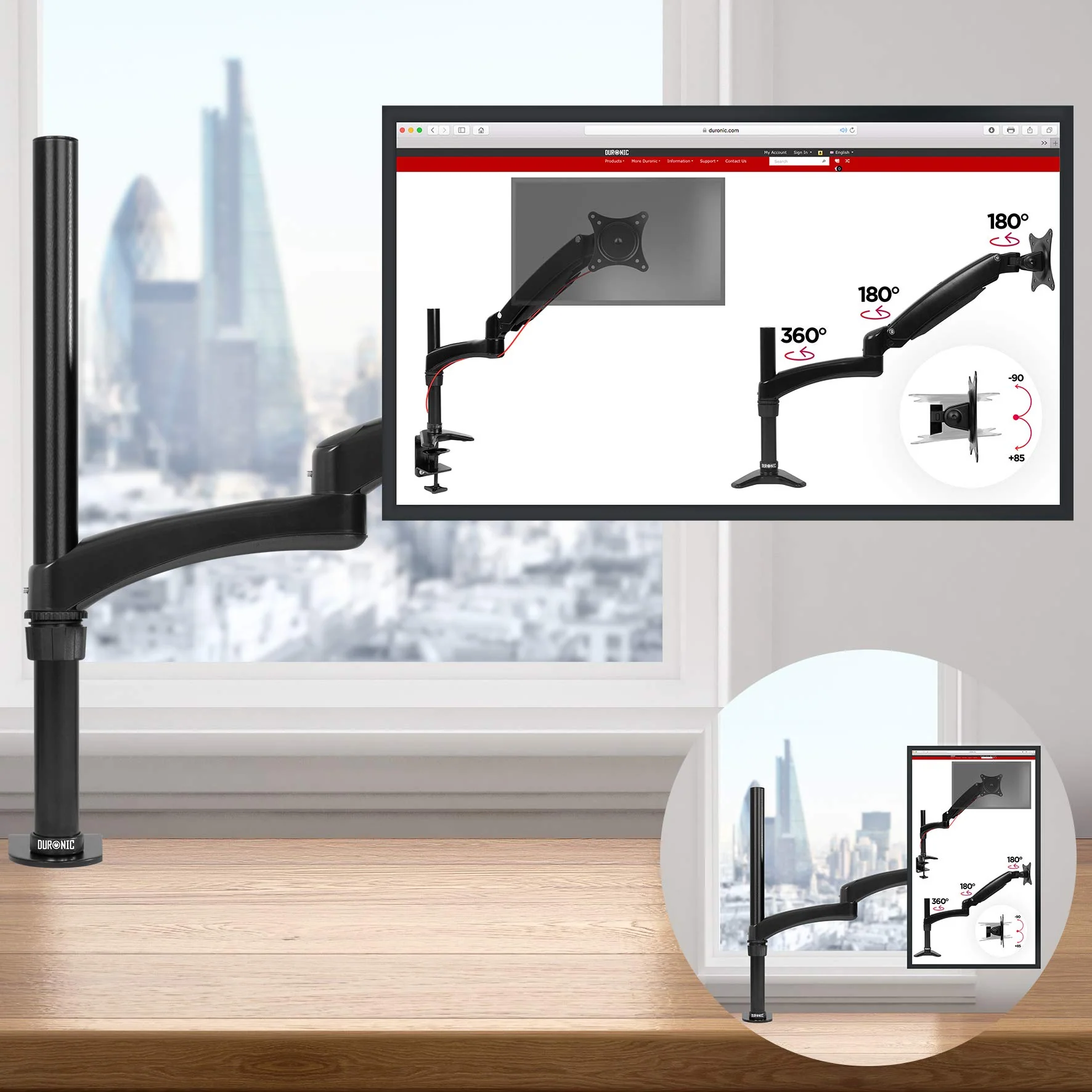 Duronic DM451X3 Support d'écran PC à Pince pour Bureau | Passe câble Inclus | Hauteur Ajustable | Rotatif/Inclinable/Pivotable | Compatibilité avec Moniteur VESA 75/100 | Aluminium | 2 Extensions – Image 2